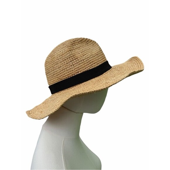 J.Crew Straw Sun Hat Natural Tan Black Band S-M Wide Brim Beach Summer Classic